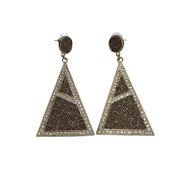Gold Glitter Black Mesh Rhinestone Triangle Shaped Drop Pierced Earrings - Picture 1 of 8